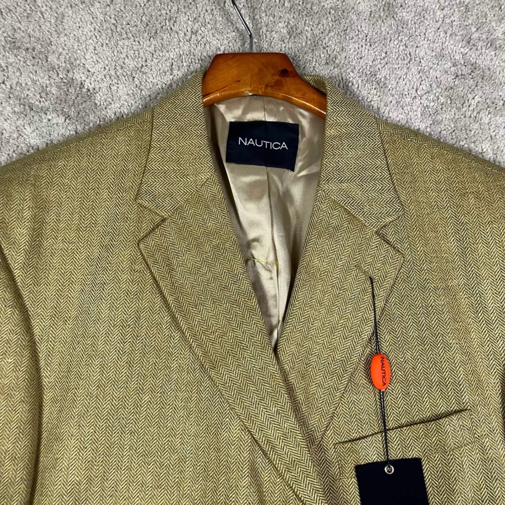 Nautica Mens 46L Silk Blazer Tan Herringbone 3 Button Sport Coat N420 NWT - Picture 2 of 14
